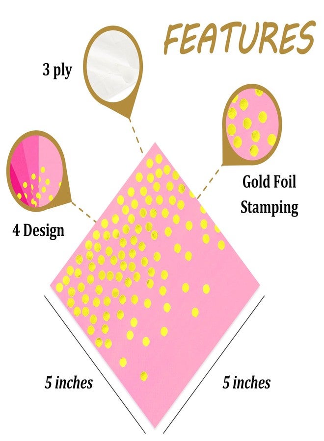 وولاين مجموعة مناديل كوكتيل وردية فاقعة من والين، 100 قطعة، لعيد الحب، 3 مناديل ورقية متدرجة الألوان باللون الوردي مع نقاط ذهبية، مناديل عشاء للاستخدام مرة واحدة، مثالية لتزيين موائد حفلات الزفاف وأعياد الميلاد، مقاس 5 × 5 بوصة - Image 3